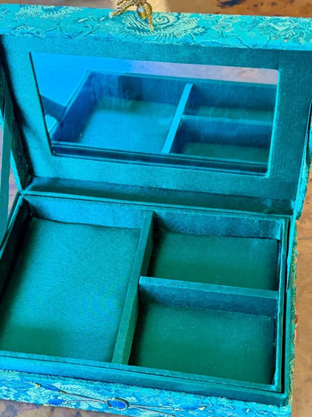 Turquoise Beaded Embroidered Jewelry Box Mirror Trinket Case 7.5 x 5 x 2.5